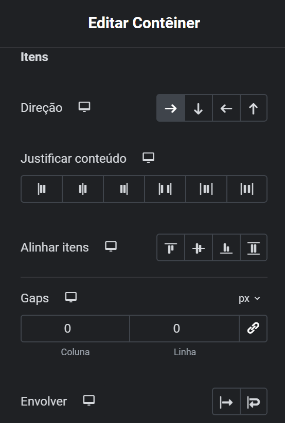 Controles do Contêiner no Elementor